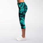 Turquoise Leaf Print Women's Capri Leggings