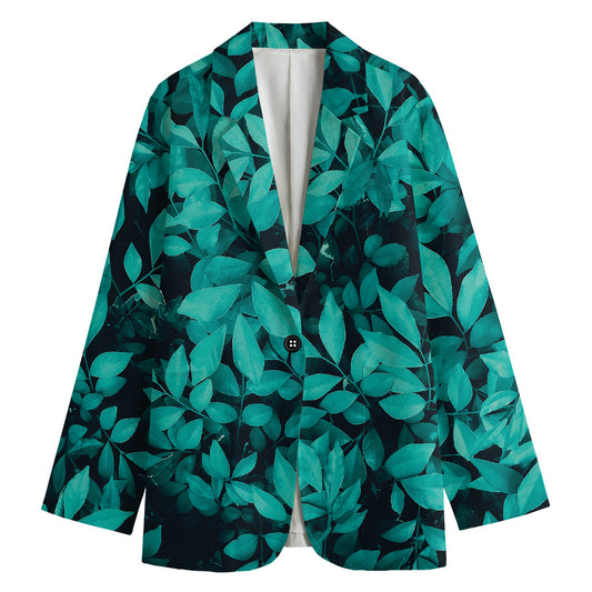 Turquoise Leaf Print Women's Cotton Blazer