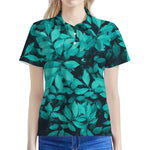 Turquoise Leaf Print Women's Polo Shirt