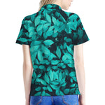 Turquoise Leaf Print Women's Polo Shirt
