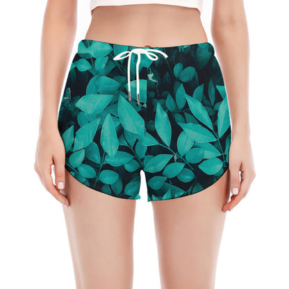 Turquoise Leaf Print Women's Split Running Shorts