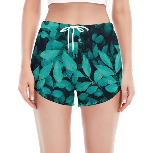 Turquoise Leaf Print Women's Split Running Shorts