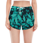 Turquoise Leaf Print Women's Split Running Shorts