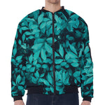 Turquoise Leaf Print Zip Sleeve Bomber Jacket