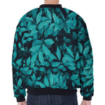 Turquoise Leaf Print Zip Sleeve Bomber Jacket