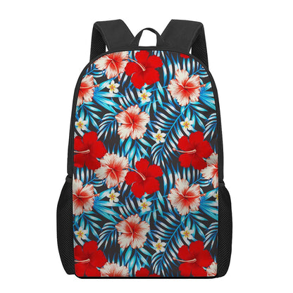 Turquoise Leaves Hibiscus Pattern Print 17 Inch Backpack