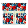 Turquoise Leaves Hibiscus Pattern Print 3 Piece Kitchen Curtains