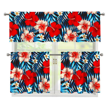 Turquoise Leaves Hibiscus Pattern Print 3 Piece Kitchen Curtains