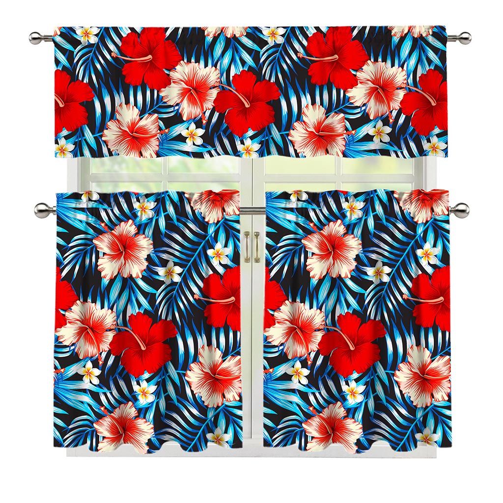 Turquoise Leaves Hibiscus Pattern Print 3 Piece Kitchen Curtains