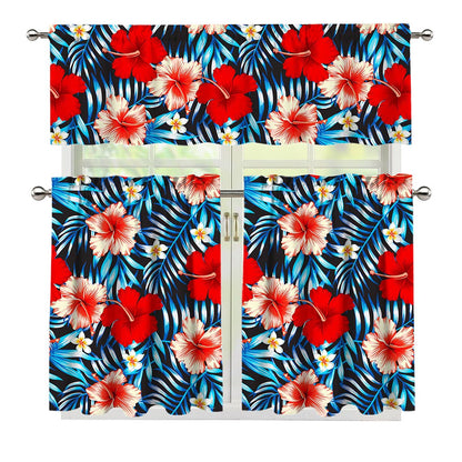 Turquoise Leaves Hibiscus Pattern Print 3 Piece Kitchen Curtains