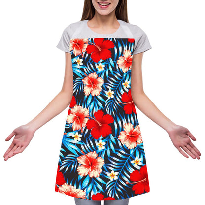 Turquoise Leaves Hibiscus Pattern Print Adjustable Apron