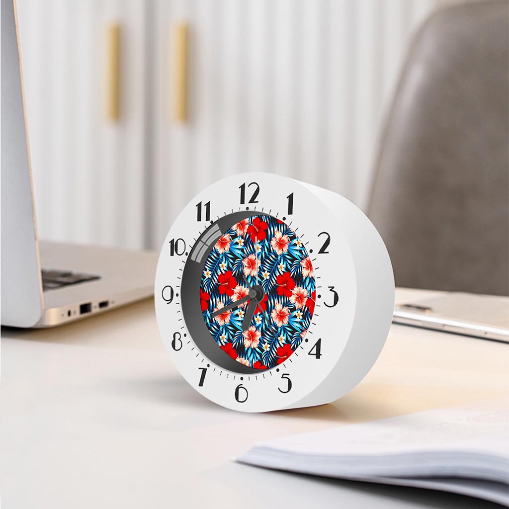 Turquoise Leaves Hibiscus Pattern Print Alarm Clock