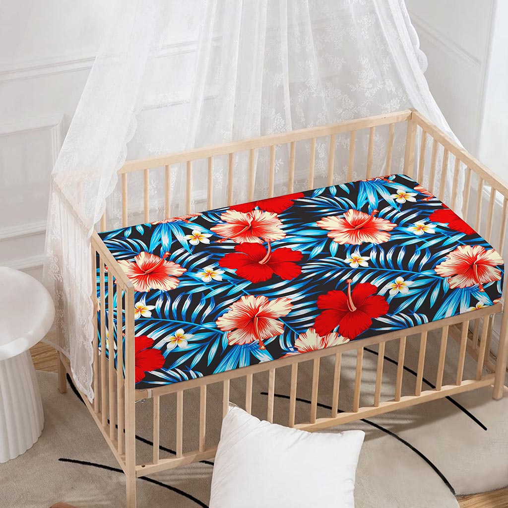 Turquoise Leaves Hibiscus Pattern Print Baby Crib Sheet