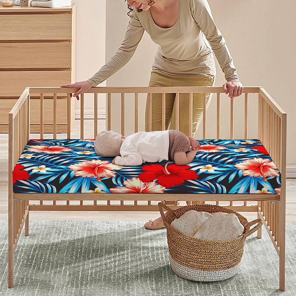 Turquoise Leaves Hibiscus Pattern Print Baby Crib Sheet