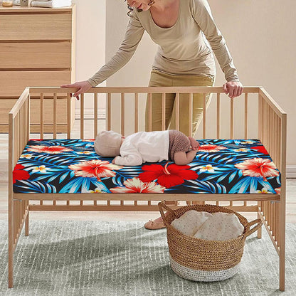 Turquoise Leaves Hibiscus Pattern Print Baby Crib Sheet