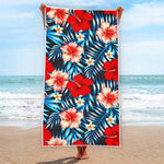 Turquoise Leaves Hibiscus Pattern Print Beach Towel