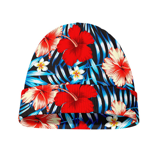 Turquoise Leaves Hibiscus Pattern Print Beanie