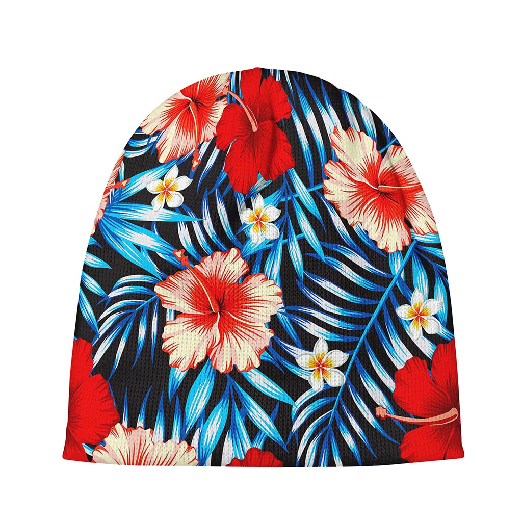 Turquoise Leaves Hibiscus Pattern Print Beanie