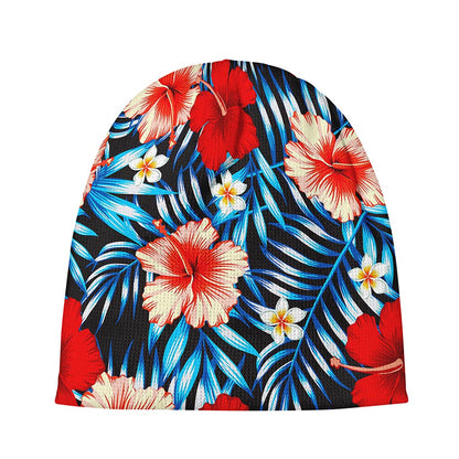 Turquoise Leaves Hibiscus Pattern Print Beanie
