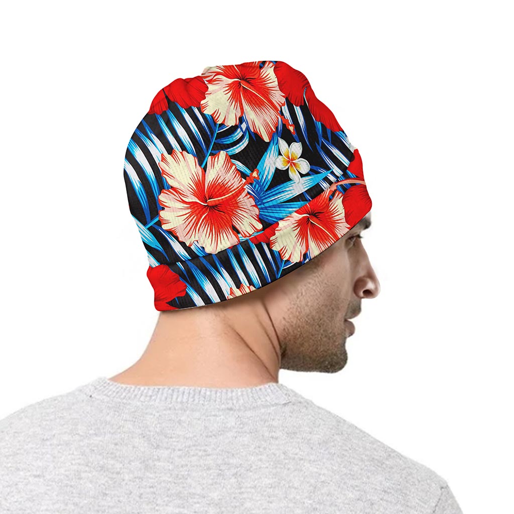 Turquoise Leaves Hibiscus Pattern Print Beanie