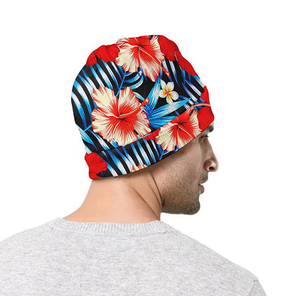Turquoise Leaves Hibiscus Pattern Print Beanie