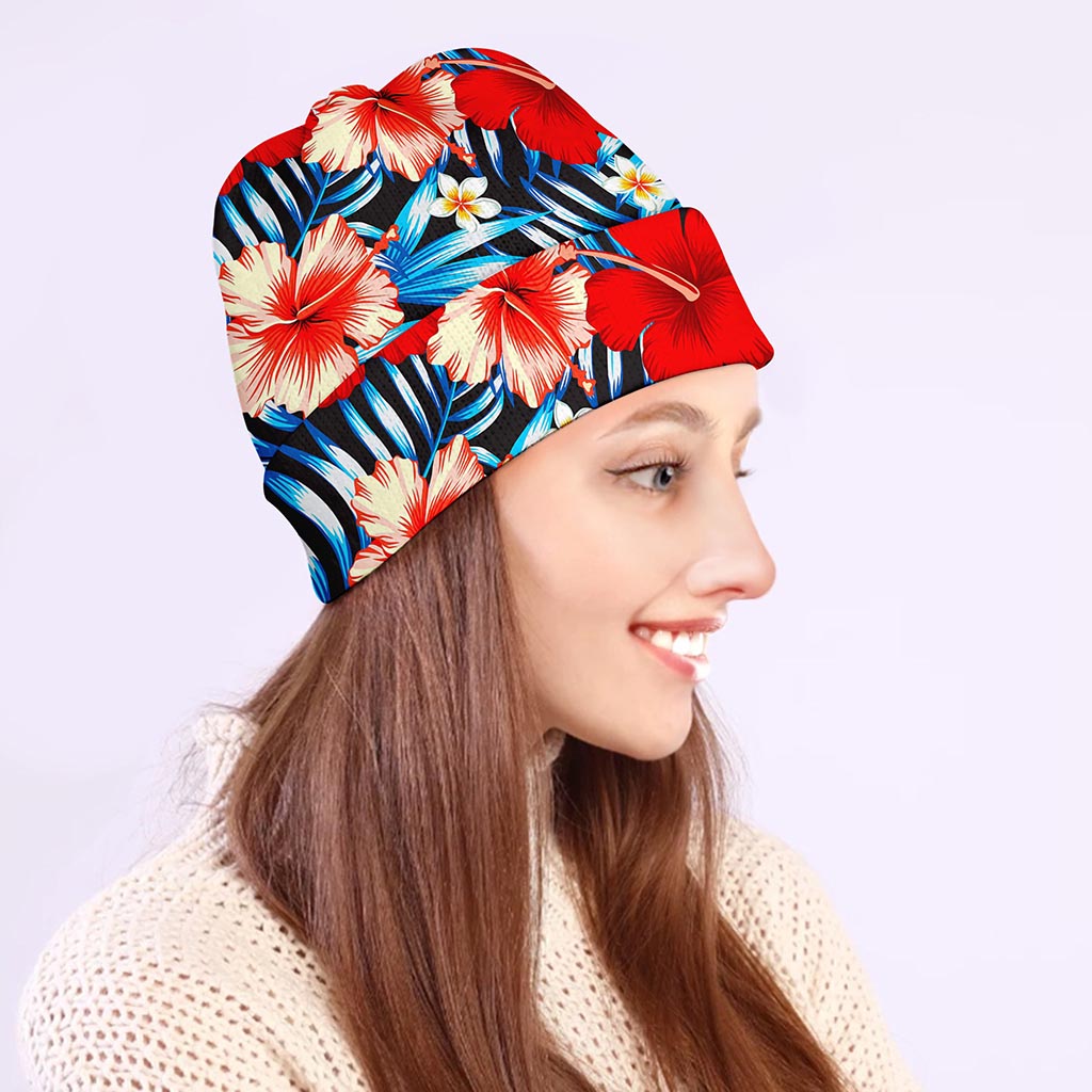 Turquoise Leaves Hibiscus Pattern Print Beanie
