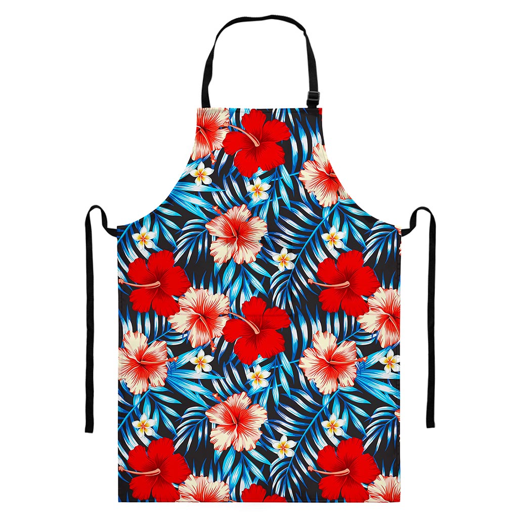 Turquoise Leaves Hibiscus Pattern Print Bib Apron With Pocket
