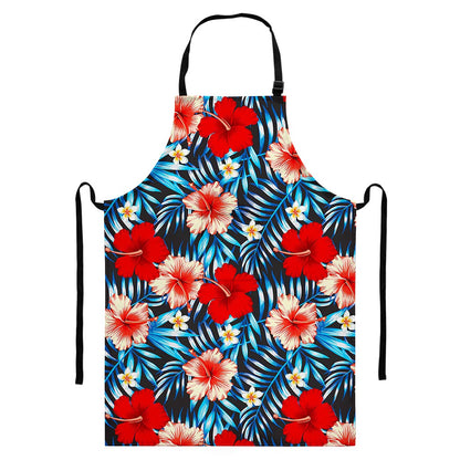 Turquoise Leaves Hibiscus Pattern Print Bib Apron With Pocket