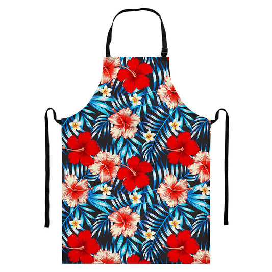 Turquoise Leaves Hibiscus Pattern Print Bib Apron With Pocket
