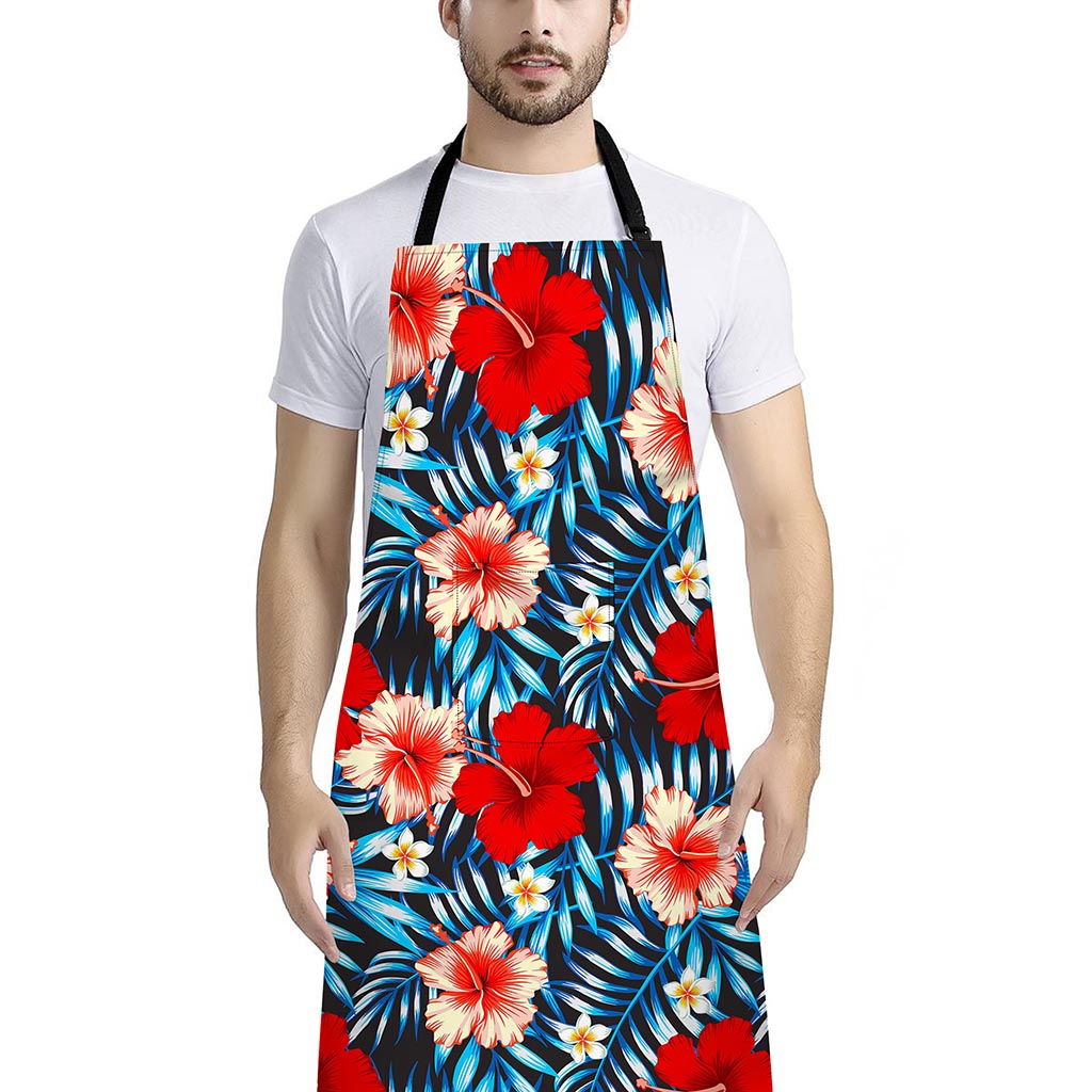 Turquoise Leaves Hibiscus Pattern Print Bib Apron With Pocket