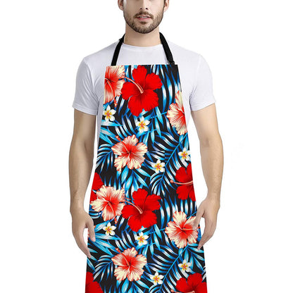 Turquoise Leaves Hibiscus Pattern Print Bib Apron With Pocket