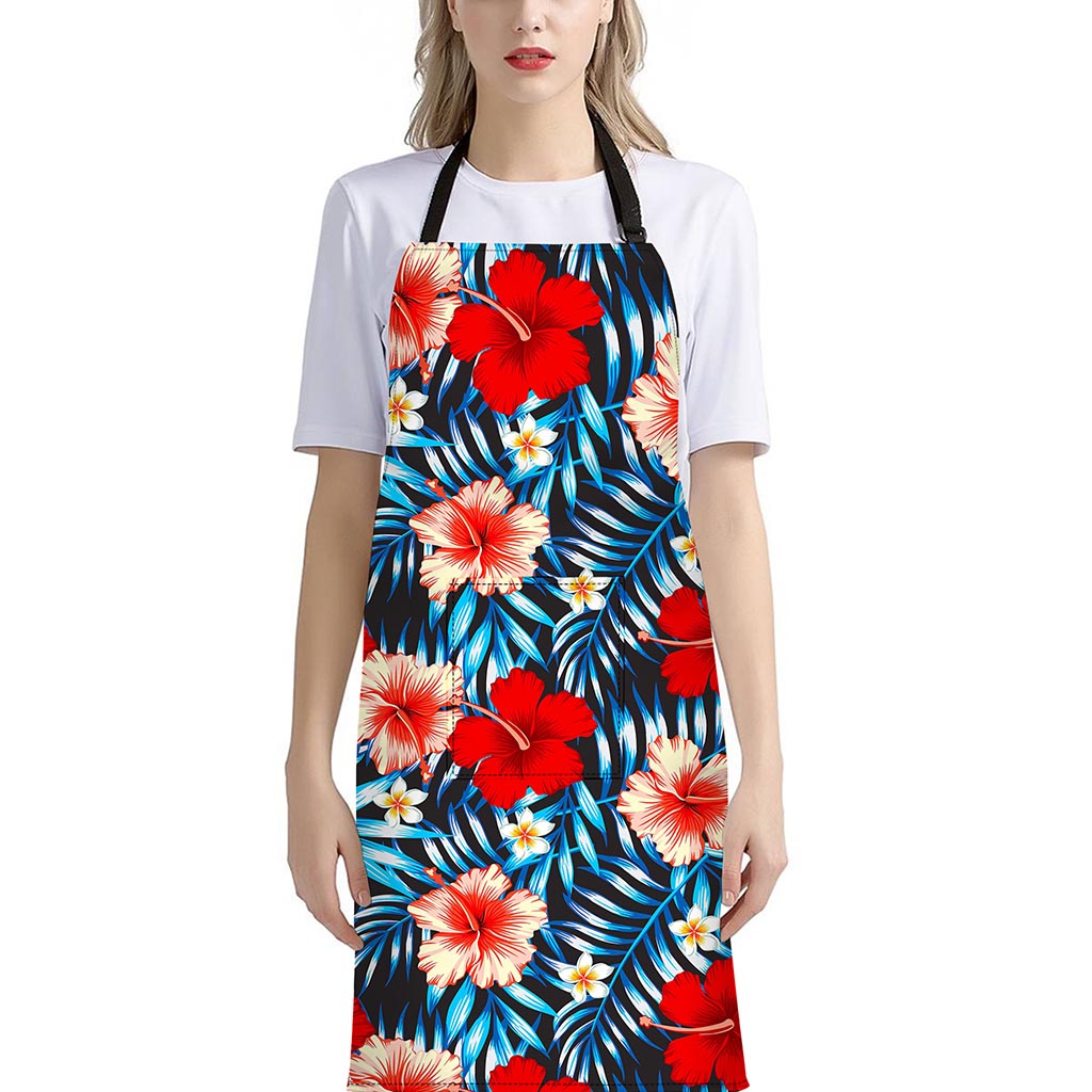 Turquoise Leaves Hibiscus Pattern Print Bib Apron With Pocket