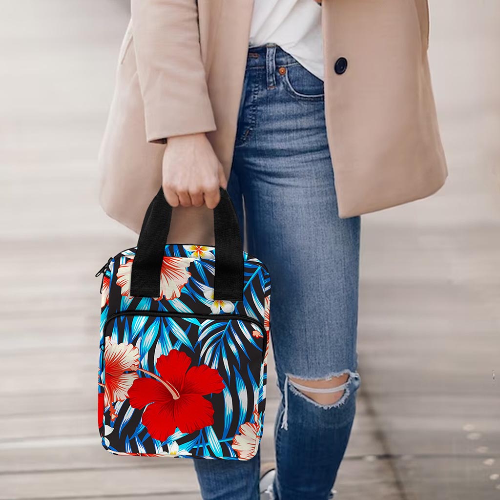 Turquoise Leaves Hibiscus Pattern Print Bible Tote Bag