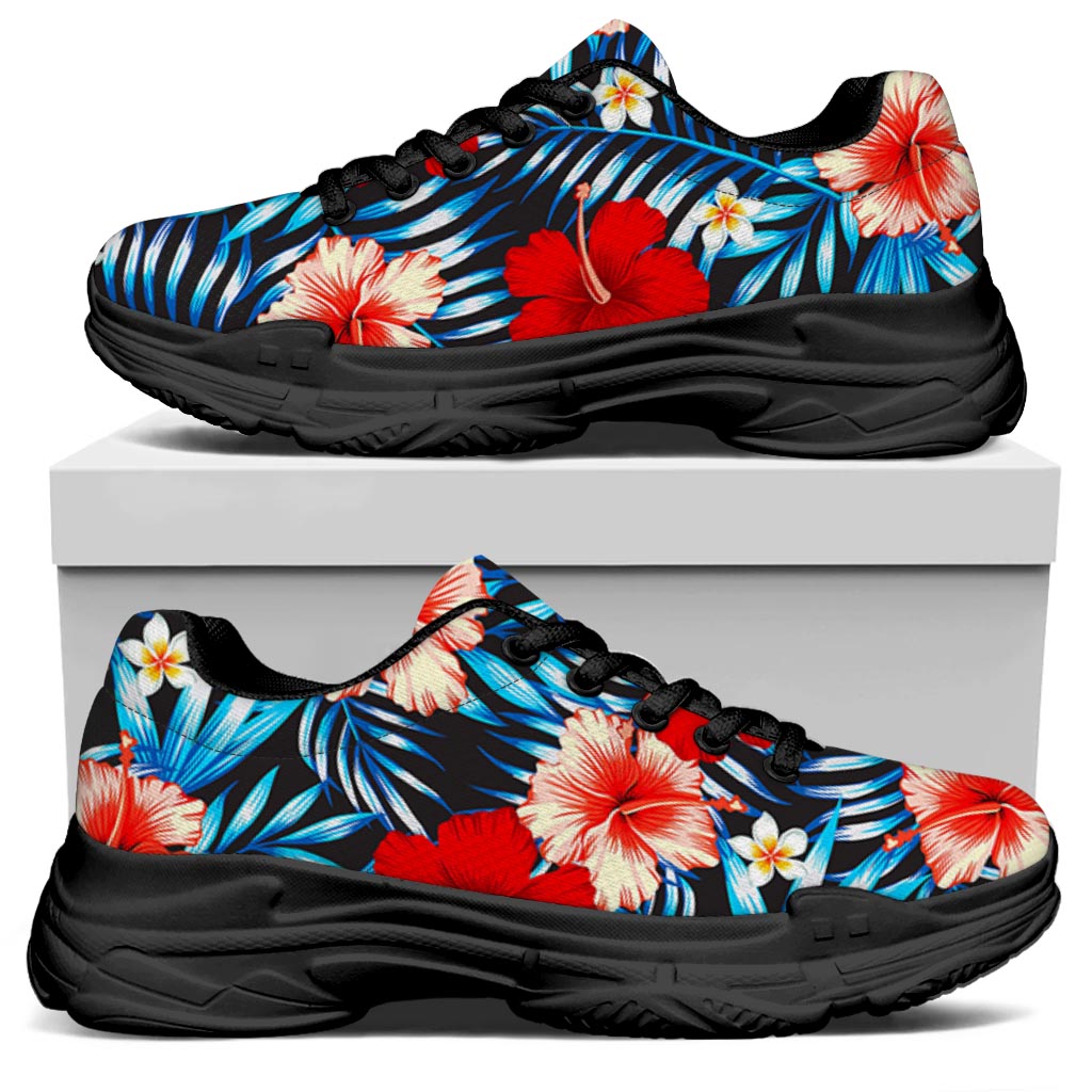 Turquoise Leaves Hibiscus Pattern Print Black Chunky Shoes