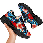 Turquoise Leaves Hibiscus Pattern Print Black Chunky Shoes