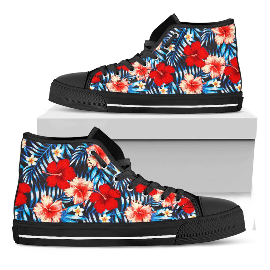 Turquoise Leaves Hibiscus Pattern Print Black High Top Sneakers