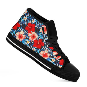 Turquoise Leaves Hibiscus Pattern Print Black High Top Sneakers