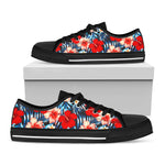 Turquoise Leaves Hibiscus Pattern Print Black Low Top Sneakers