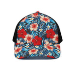 Turquoise Leaves Hibiscus Pattern Print Black Mesh Trucker Cap