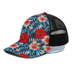 Turquoise Leaves Hibiscus Pattern Print Black Mesh Trucker Cap