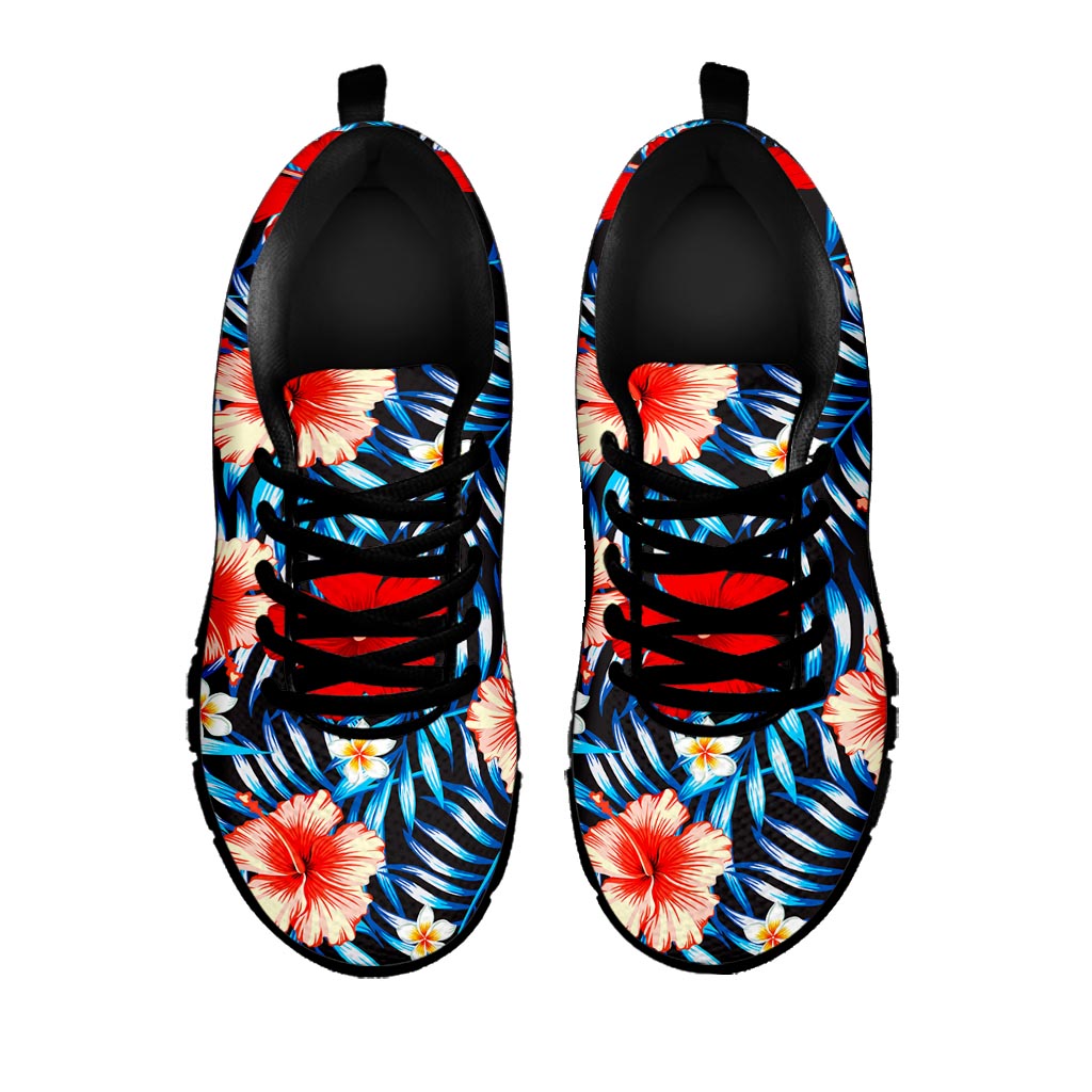 Turquoise Leaves Hibiscus Pattern Print Black Running Shoes