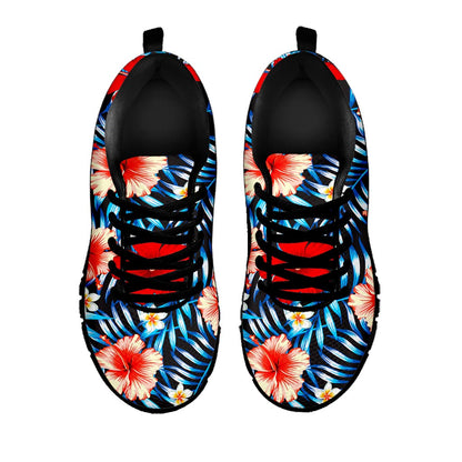 Turquoise Leaves Hibiscus Pattern Print Black Running Shoes
