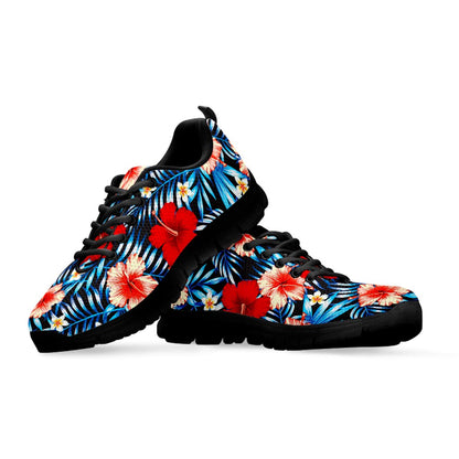 Turquoise Leaves Hibiscus Pattern Print Black Running Shoes