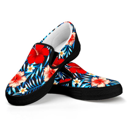Turquoise Leaves Hibiscus Pattern Print Black Slip On Sneakers