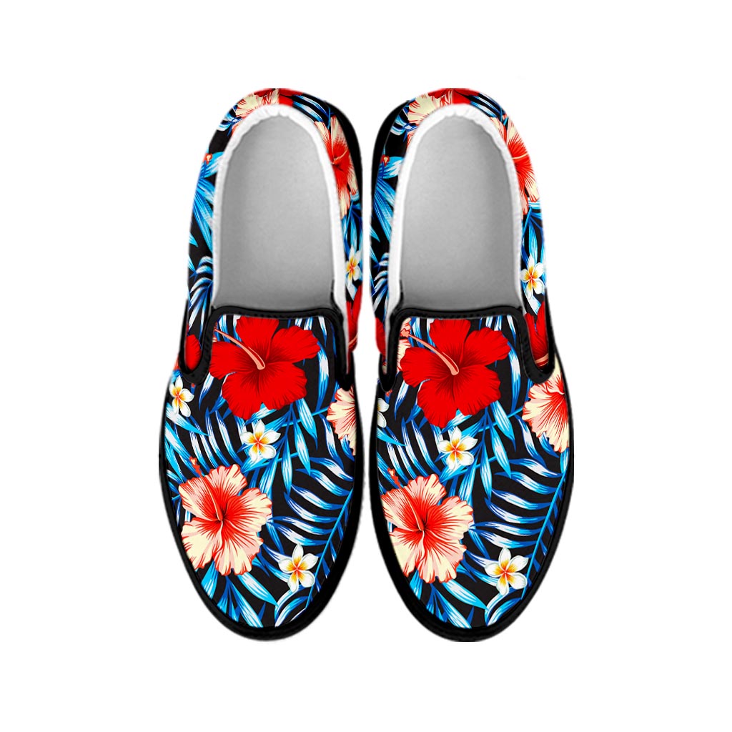 Turquoise Leaves Hibiscus Pattern Print Black Slip On Sneakers