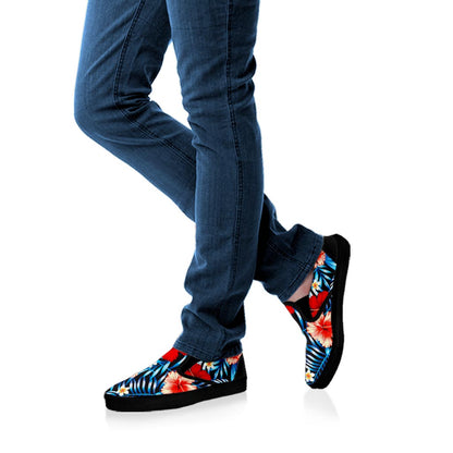 Turquoise Leaves Hibiscus Pattern Print Black Slip On Sneakers