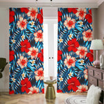 Turquoise Leaves Hibiscus Pattern Print Blackout Pencil Pleat Curtains