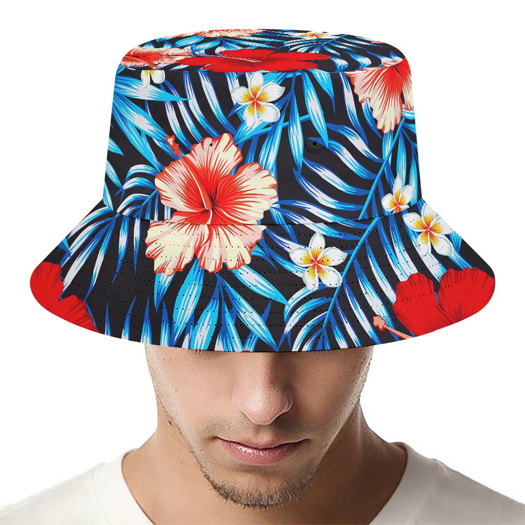 Turquoise Leaves Hibiscus Pattern Print Bucket Hat