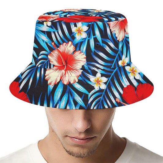 Turquoise Leaves Hibiscus Pattern Print Bucket Hat