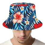 Turquoise Leaves Hibiscus Pattern Print Bucket Hat